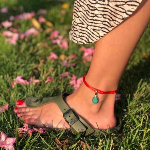 GULCE DERELI, GREEN NATURAL STONE CHARM RED ROPE ANKLET, STYLISH ANKLET, GIFT BOX, GOLD/SILVER PLATED