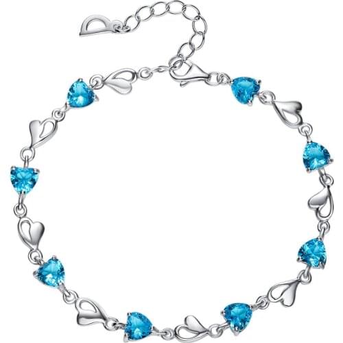 COCOM 925 Sterling Silver Womens Charm Bracelet with Blue Heart 3A Cubic Zircon Female Wedding Accessories Valentines Day Gift