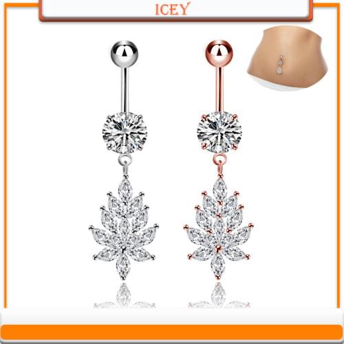 Exquisite style horse eye zircon belly button ring leaf belly button stainless steel anti-allergy belly button nail
