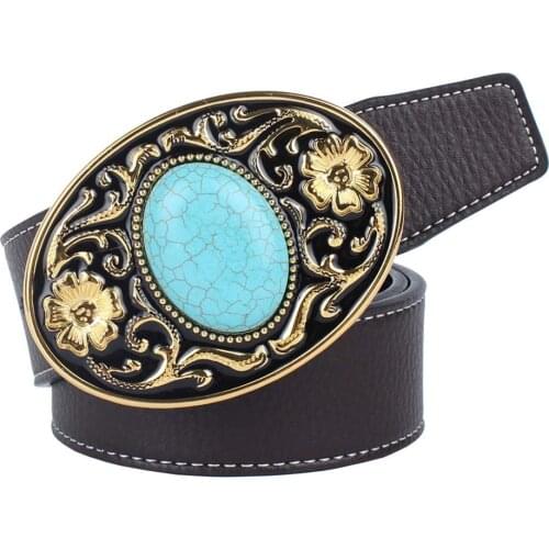 Western Leather Belt Strap Arabesque Pattern Buckle Adjustable