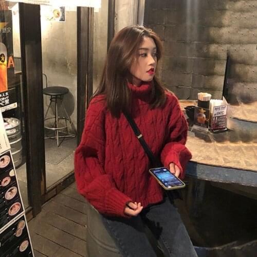 Red Short Sweater Womens Turtleneck Lantern Sleeve Loose Sweater Woman Sweaters Femme Chandails Pull Hiver