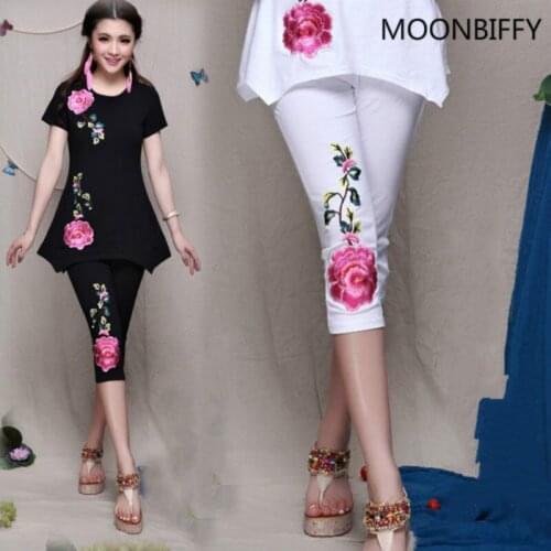 New folk style stretch cotton embroidery seven Leggings China embroidered retro elastic waist pants maternity leggings