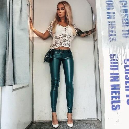 Melody Wear Faux Leather Workout Leggings Blue Leather Pants Mid Waist Stretch Casual Pants Women Push Up Lift Skinny Trousers