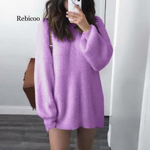 Fashion Women Solid O-Neck Loose Knitted Warm Long Latern Sleeve Sweater Blouse Autumn Winter Female jumpers vetement femme