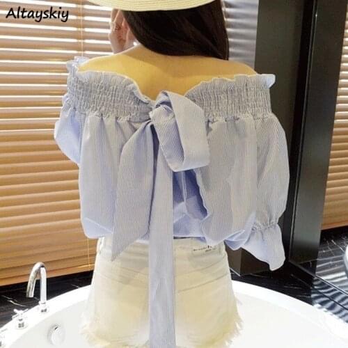 Solid Shirts Women Slash Neck Lantern Sleeve Korean Style Chic Trendy Popular Leisure Ulzzang Slim Lace-up Summer Female Top Ins