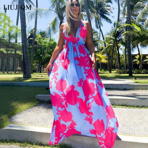 Spaghetti Sling Dress Bohemian Flower Print Long Dresses Summer Backless Sexy V neck Party Lady Beach Maxi Dress Sleeveless
