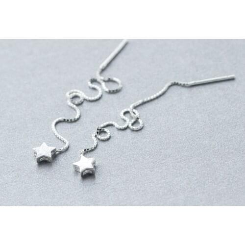 Real. 925 Sterling Silver pull through Star Thread Threader Long Earrings dangle Tassel Wire Bars Box Chain Gtle405