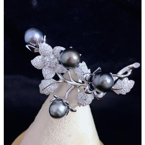 Luxury jewelry natural tahiti pearl brooch black pearl 925 sterling silver with cubic zircon leaf plant fine women jewelry