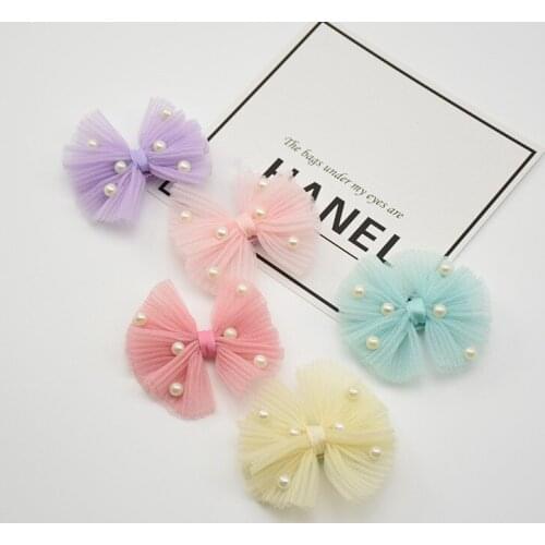 Retail 1pc Fashion Cute Gauze Hair Bow Hairpins Solid Kawaii Pearls Lace Bowknot Hair Clips Princess Headwear Accessories