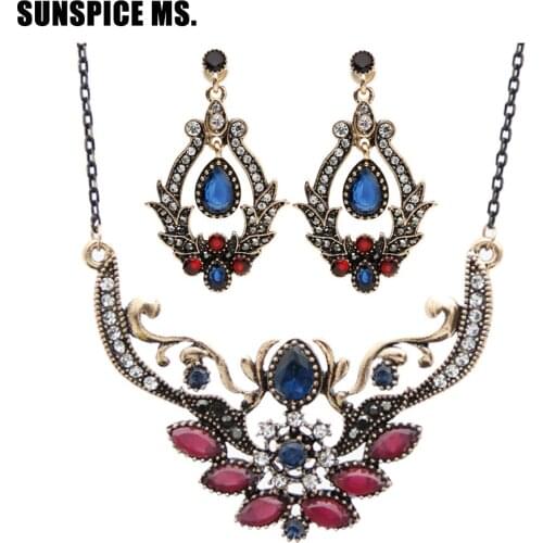 SUNSPICE MS. Vintage Turkish Resin Drop Water Earrings Thin Chain Necklace Indian Jewelry Sets Dropshipping Bridal Bijoux Gift