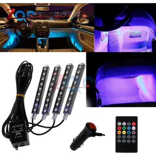 4pcs RGB LED Strip Light SMD5050 DC 12V Flexible Light Tape Voice Music Activated Neon with Remote Controller for Car Interior