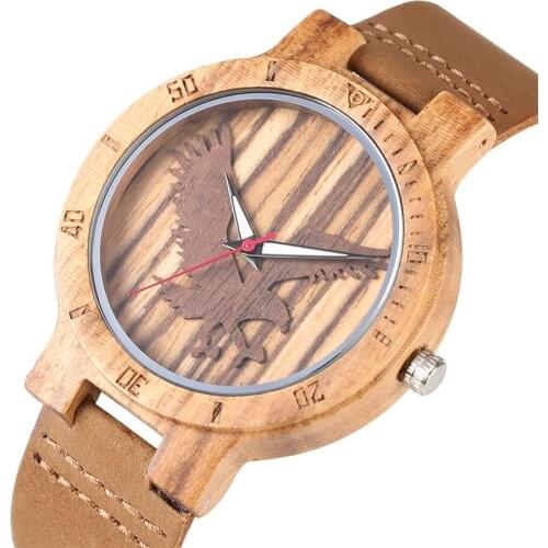 Unique Men Watch Natural Wooden Quartz Watches 3D Flying Eagle Display Genuine Leather Wristwatches Best Gifts for Male reloj