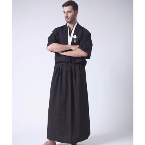 Vintage Black Japanese Mens Warrior Kimono With Obi Traditional Yukata Samurai Clothing Convention Costume Cosplay
