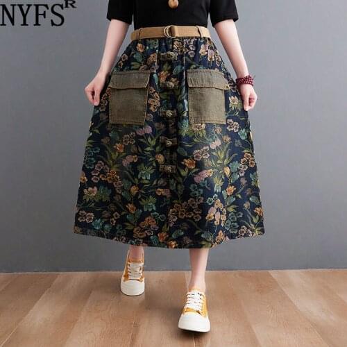 NYFS 2021 New Autumn WomAn Skirt Fashion National style big pocket Denim Skirt Faldas Mujer Saias(With Belt)