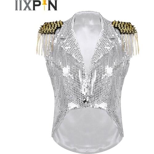 Jazz dance costumes Women jazz star Sparkle Sequins Turn-down Collar Sleeveless Vest Waistcoat Cropped Tuxedo Coat for Hip-hop