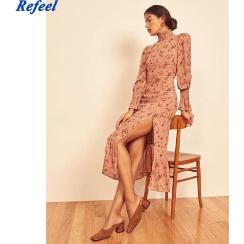 Spring summer women midi dress vintage floral print long sleeves chiffon long dress lining elegant lady robe femme