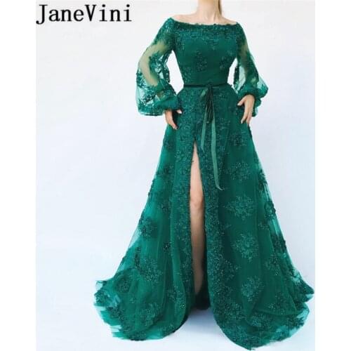 JaneVini Saudi Arabia Long Sleeve Prom Dress High Split Sexy Bridesmaid Dresses Beaded Lace Appliques Luxury Ladies Party Dress
