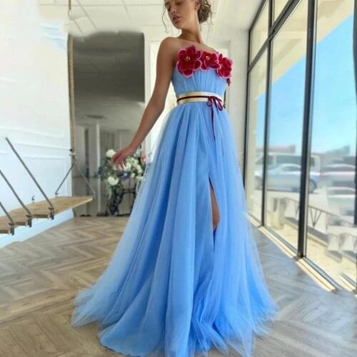 Blue Strapless Rose Flowers Tulle Front Slit Prom Dress with Golden Sash Evening Formal Dress vestido de formatura
