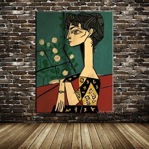 100% Hand Painted Picasso Jacqueline and flowers poster Abstract decoration painting wall stickers bar cafe room pictures