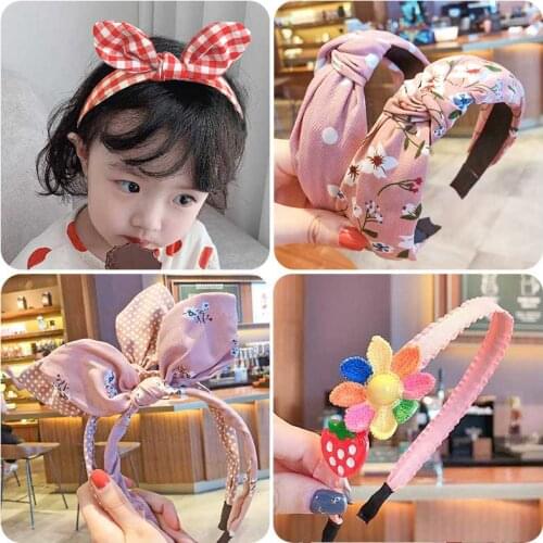 3 Pcs/Set Children Floral Printed Lattice Stripes Hair Hoop Bands Hairbands Girls Kids Bow Ears Headbands Hair Accessories