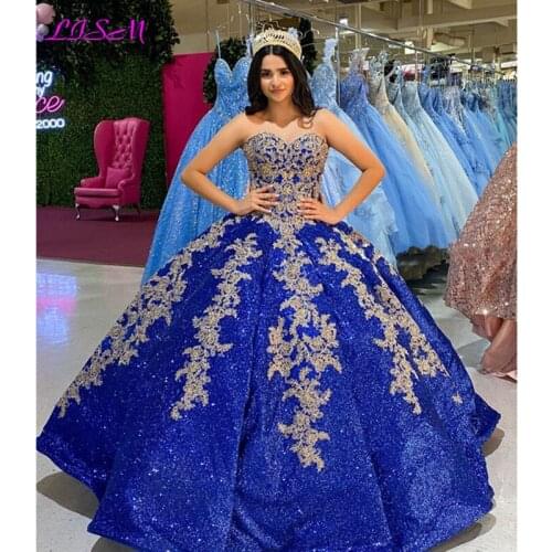 Sparkle Sequined Royal Blue Quinceanera Dresses Lace Applqiue Sweet 16 Prom Gowns vestidos de 15 años Formal Gowns with Corset
