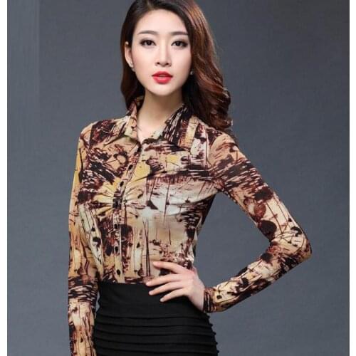 Spring Fall Casual Women Female Slim 3XL Stretch Painted Mesh Blouse Shirt , Single Breasted Cardigan Floral Blouses For Woman