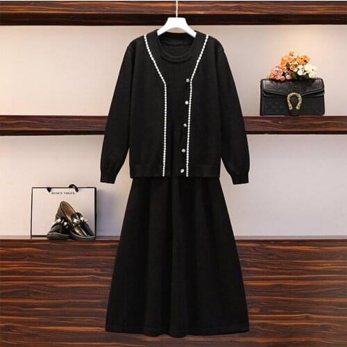 Large size womens knitted suit two-piece cardigan + vest A-line big swing dress autumn winter survetement femme 2 piece