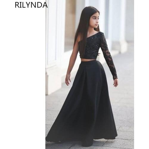 Black Flower Girl Dresses For Weddings A-Line Tulle Appliques Lace Baby Long First Communion Dresses For Little Girls