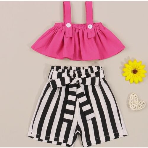 FOCUSNORM Summer Toddler Girls Clothes Sets 2pcs Ruffles Off Shoulder Sleeveless Solid Tops Striped Printed Shorts 1-6Y