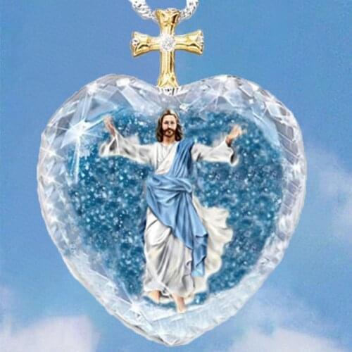 Jesus Cross Blue Pattern Crystal Glass Series Woman Necklace Creative Fashion Elegant Glamour Woman Religious Jewelry Accessorie