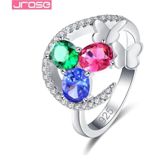 JROSE New Butterfly Jewelry Exquisite Green Blue White Red Yellow Colorful Cubic Zircon Silver Ring Size 6 7 8 9 Christmas