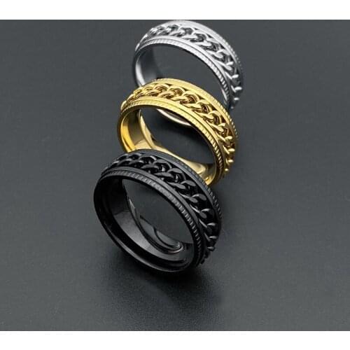 8mm Black Gold Color Spinner Chain Ring for Men Tire Texture 316L Stainless Steel Rotatable Links Punk Male Size 7 8 9 10 11
