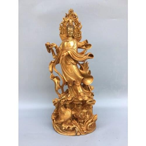 17"Chinese temple collection Old Bronze Gilt Ride a dragon Guanyin Bodhisattva Statue Standing Buddha Ornaments Town House
