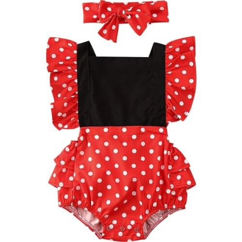 0-24M Cute Toddler Baby Girls Bodysuits Ruffles Short Sleeve Polka Dot Print Backless Bow Jumpsuits Headband 2pcs