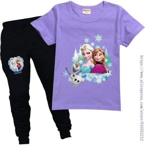 Disney Summer Kids Girls Elsa Clothes Set Kids Short Sleeve T-shirt + Casual Leggings Pants Childrens Cotton Frozen Clothes Set