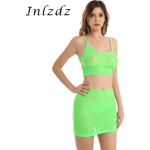 Mesh Lingerie Set Womens See-through Sexy Suit Hollow Out Strappy Swimsuit Beachwear Clubwear Crop Top with Mini Skirt Nightwear