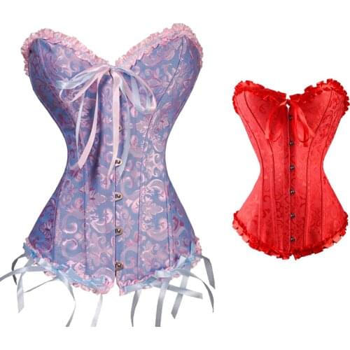 Red/Blue Sexy Women Boned Waist Trainer Brocade Corsets Bustiers Embroidery Lace Up Corselet Floral Lingerie Plus Size S-3XL