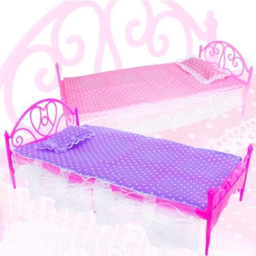 2 x Bed Hunk + mattress + Pillow Pink Purple Bedroom Furniture for Barbie Doll for Blythe for Monster high Dollhouse Accessories