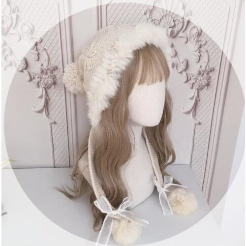 Lolita element autumn and winter warm rabbit fur ear protection hat knitted wool hat cute fur ball