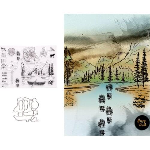 Mountains Trees Boats Metal Cutting Dies and Clear Stamps for DIY Scrapbooking Crafts Card Make Photo Album Sheet Decoration