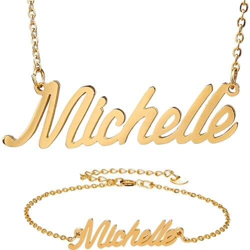 Fashion Stainless Steel Name Necklace Bracelet Set " Michelle " Script Letter Gold Choker Chain Necklace Pendant Nameplate Gift