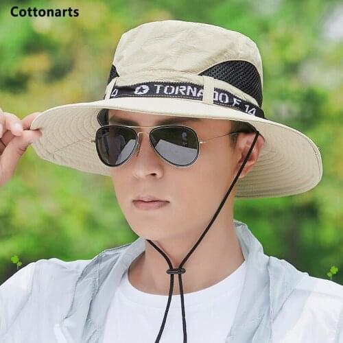 Mens Panama Hat Letter Embroidery Mesh Breathable Fishing Hats Boonie Foldable Bucket Hat Drawstring Adjustable Anti-UV Sun Hat
