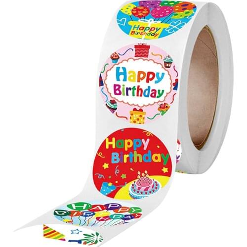 Newly Colorful Happy Birthday Stickers Roll 500-Count Stickers Round Birthday Gift Decoration Cute Stationery Stickers Labels