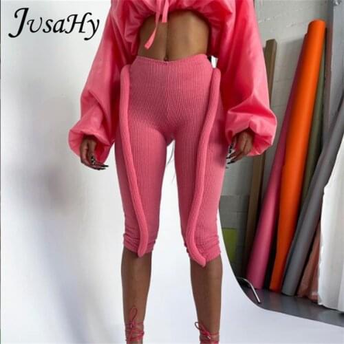 JuSaHy Autumn Solid Knitted 3D Print Shorts for Women Fashion High Waist Slim Streetwear Stretch Wild Basic Female Leggings