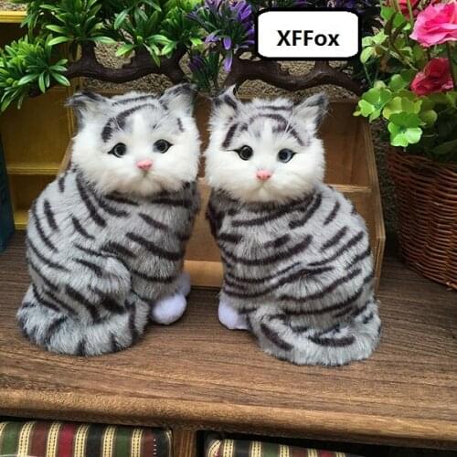 A pair of real life gray stripe cat models plastic&furs new sitting cat doll gift about 18x12x11cm xf1452
