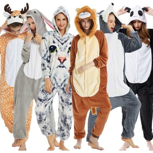 Women Men Flannel Cartoon Sleepwear Jumpsuit Adult Kigurumi Unicorn Panda Pajamas Cosplay Costume Winter Plush Pyjamas Nightwear