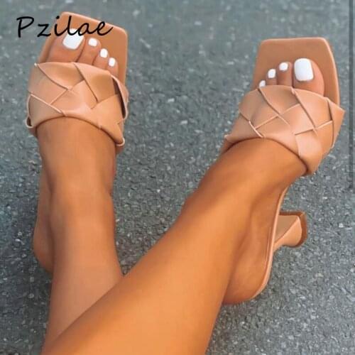 Pzilae New Fashion Weave Design Shoes Woman Slippers 2021 Summer Square Toe High Heels Sandals Women Dress Party Shoes Size 42