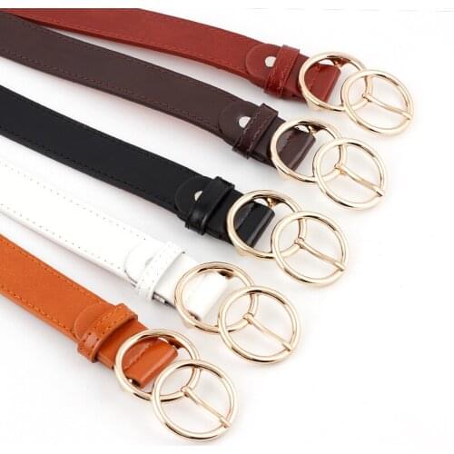 New Pattern Casual Eyelets PU Leather Belt For Women Female Gold Round Pin Buckle Wide Jean Waist Belt Double Loop Pin Buckle