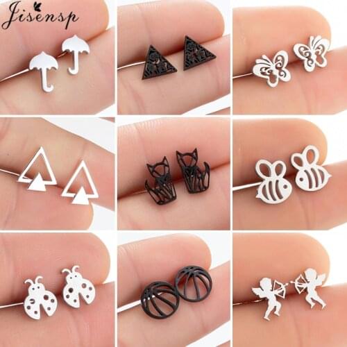 Mutiple Style Small Black Earrings for Women Men Stainless Steel Basketball Umbrella Bee Cupid Stud Earring Valentines Day Gift