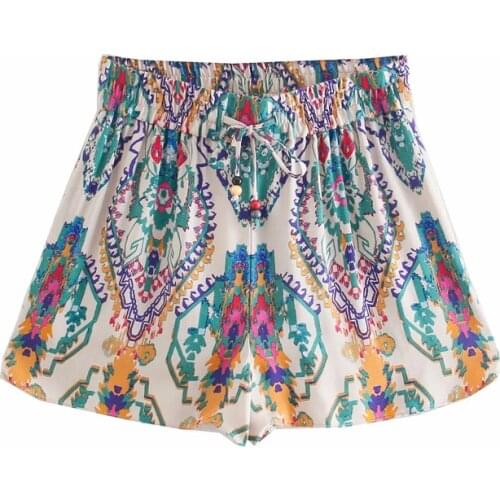 ZA printed shorts women adjustable drawstrings elastic waistband summer high-waist relaxed shorts woman side vents Retro shorts